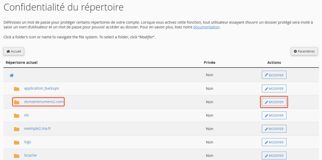 Choix du répertoire à protéger par mot de passe