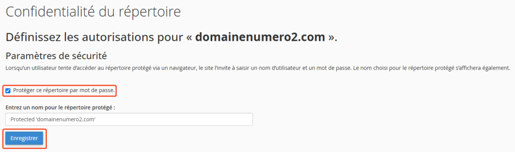 Informations protection du répertoire par mot de passe