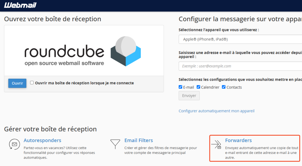 Forwarders : redirection d'adresse e-mail depuis le Webmail