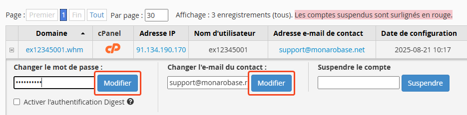 Modifier les informations de connexion du compte WHM