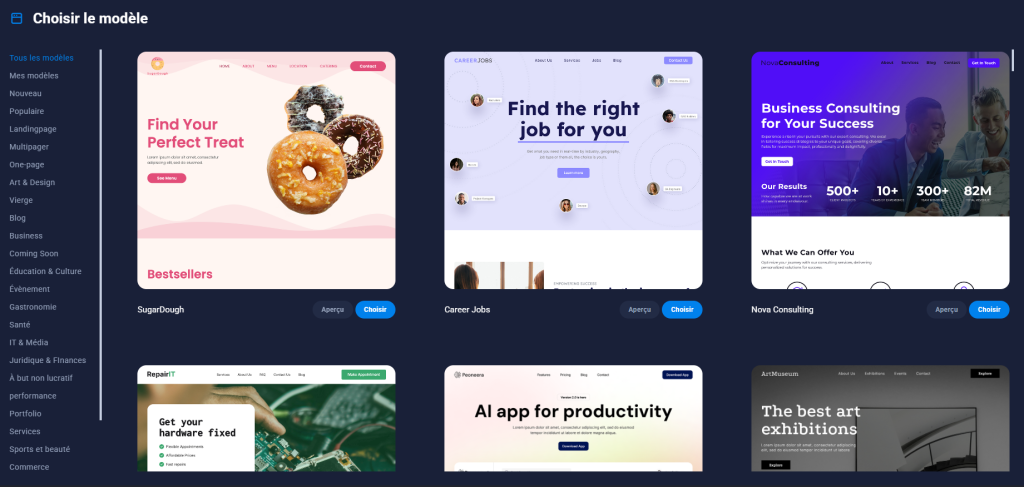 SiteJet Builder : Bibliothèque de modèles