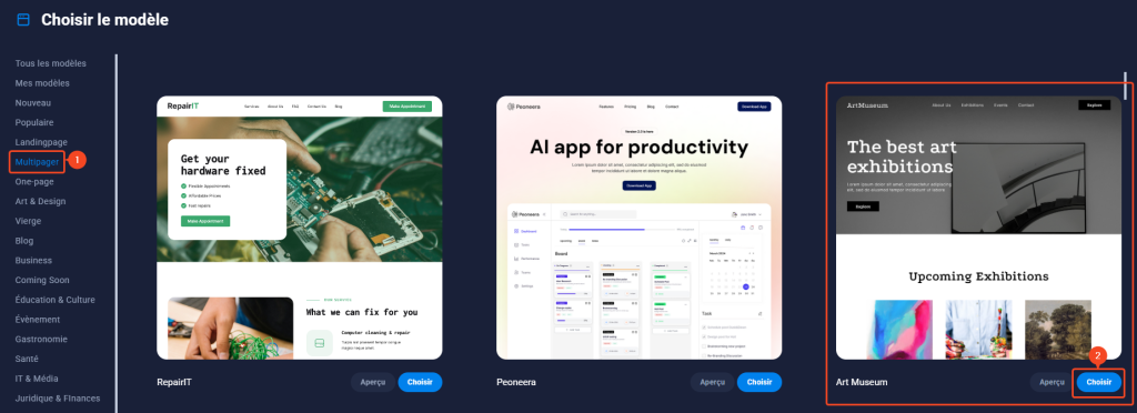 SiteJet Builder : choix d'un site multi-pages Musée