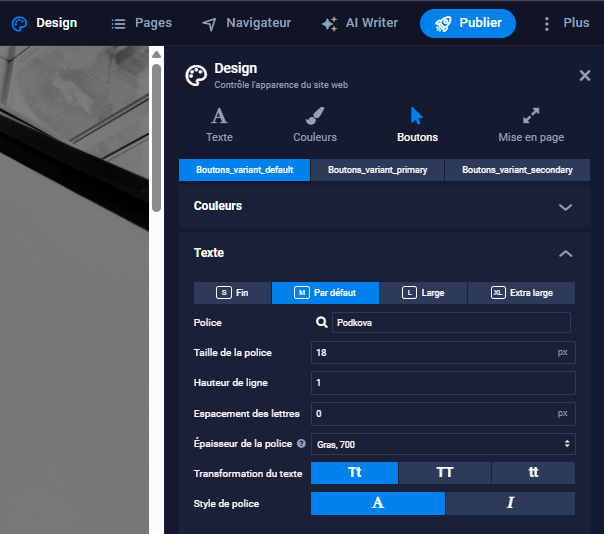 SiteJet Builder : Police par défaut du bouton