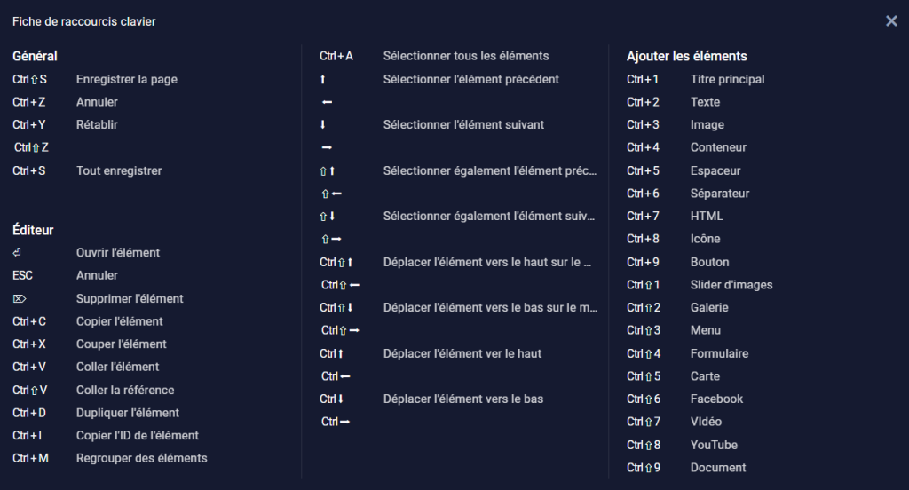 SiteJet Builder : Récapitulatif des raccourcis